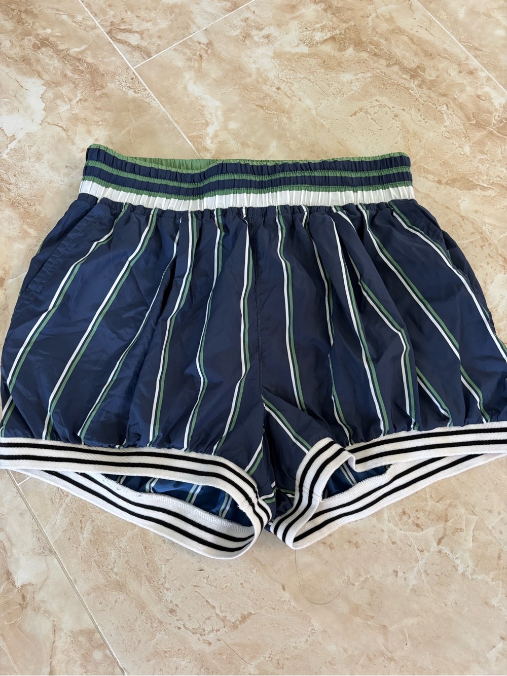 Free people movement Striped Navy Athletic Shorts with Green Accents activewear